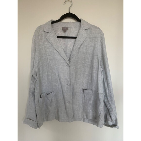 J. Jill Linen Light Gray Blazer Jacket top sz L Roll Tab Sleeve - Picture 1 of 6